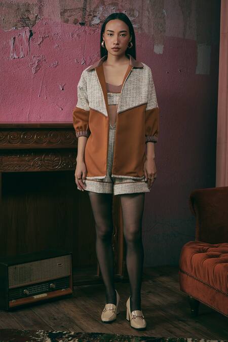 Shop_Sunandini_Orange Tweed Color Block Shirt Collar Apricot Jacket _Online_at_Aza_Fashions