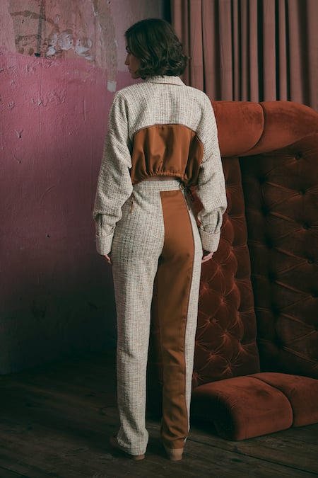 Shop Sunandini Orange Tweed Shawl Neck Apricot Color Block Crop Top And Trouser Set at Aza Fashions Shop_Sunandini_Orange Tweed Shawl Neck Apricot Color Block Crop Top And Trouser Set _at_Aza_Fashions