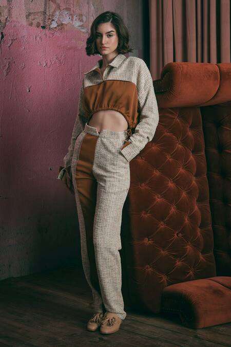 Sunandini Orange Tweed Shawl Neck Apricot Color Block Crop Top And Trouser Set Online at Aza Fashions Sunandini_Orange Tweed Shawl Neck Apricot Color Block Crop Top And Trouser Set _Online_at_Aza_Fashions