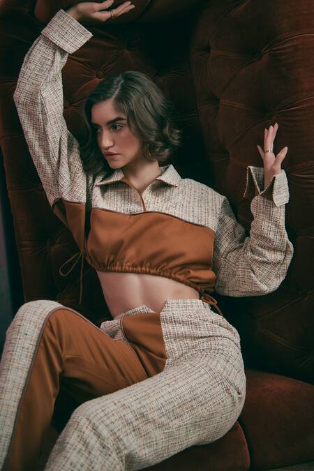 Buy Sunandini Orange Tweed Shawl Neck Apricot Color Block Crop Top And Trouser Set Online at Aza Fashions Buy_Sunandini_Orange Tweed Shawl Neck Apricot Color Block Crop Top And Trouser Set _Online_at_Aza_Fashions
