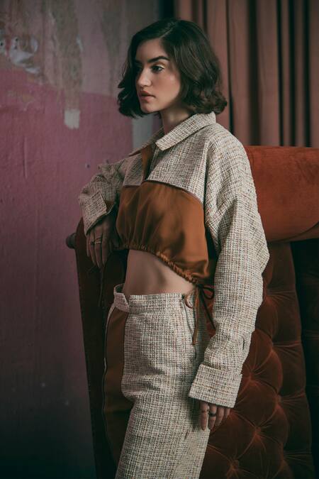 Shop Sunandini Orange Tweed Shawl Neck Apricot Color Block Crop Top And Trouser Set Online at Aza Fashions Shop_Sunandini_Orange Tweed Shawl Neck Apricot Color Block Crop Top And Trouser Set _Online_at_Aza_Fashions