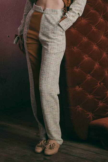 Sunandini Orange Tweed Color Block Apricot Trouser Online at Aza Fashions Sunandini_Orange Tweed Color Block Apricot Trouser_Online_at_Aza_Fashions