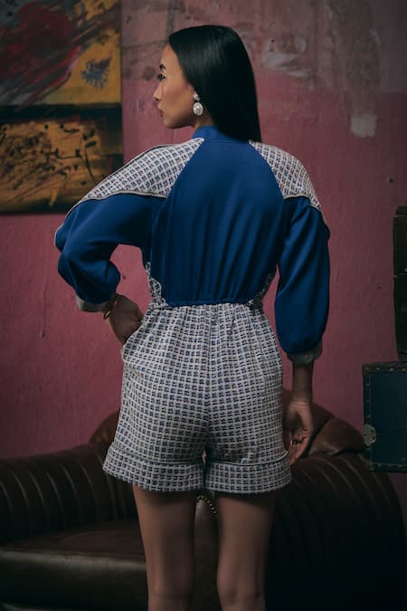 Shop_Sunandini_Blue Tweed Collared Electric Color Block Playsuit _at_Aza_Fashions