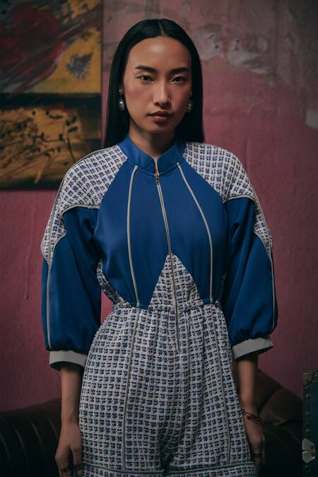 Sunandini_Blue Tweed Collared Electric Color Block Playsuit _Online_at_Aza_Fashions