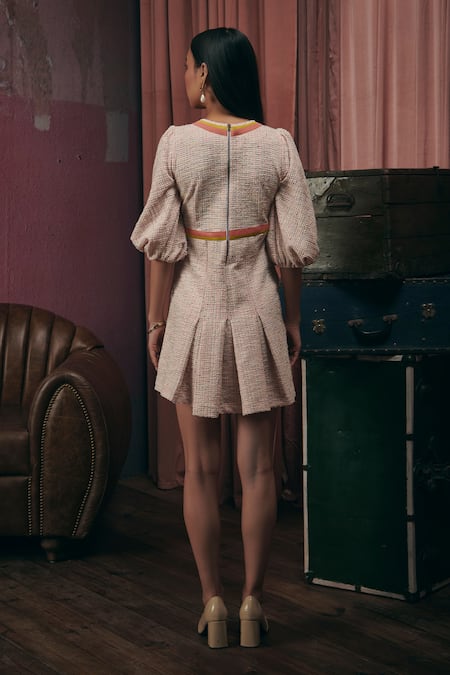 Shop Sunandini Pink Tweed V-neck Pastel Woven Dress at Aza Fashions Shop_Sunandini_Pink Tweed V-neck Pastel Woven Dress _at_Aza_Fashions