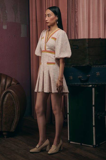 Sunandini Pink Tweed V-neck Pastel Woven Dress Online at Aza Fashions Sunandini_Pink Tweed V-neck Pastel Woven Dress _Online_at_Aza_Fashions