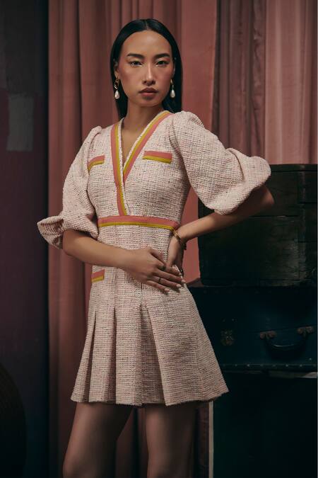 Buy Sunandini Pink Tweed V-neck Pastel Woven Dress Online at Aza Fashions Buy_Sunandini_Pink Tweed V-neck Pastel Woven Dress _Online_at_Aza_Fashions