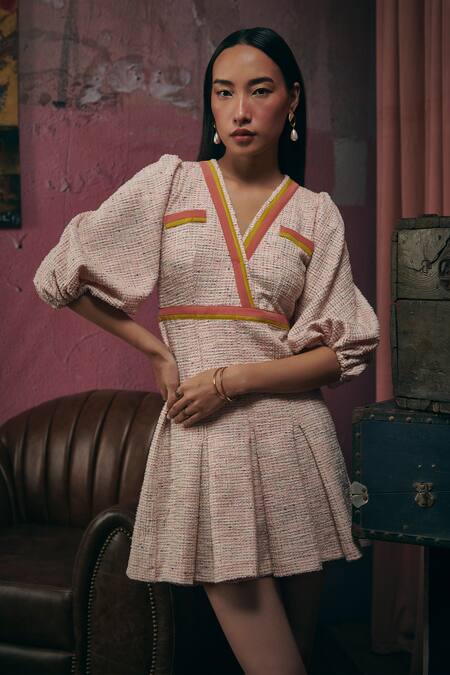 Shop Sunandini Pink Tweed V-neck Pastel Woven Dress Online at Aza Fashions Shop_Sunandini_Pink Tweed V-neck Pastel Woven Dress _Online_at_Aza_Fashions