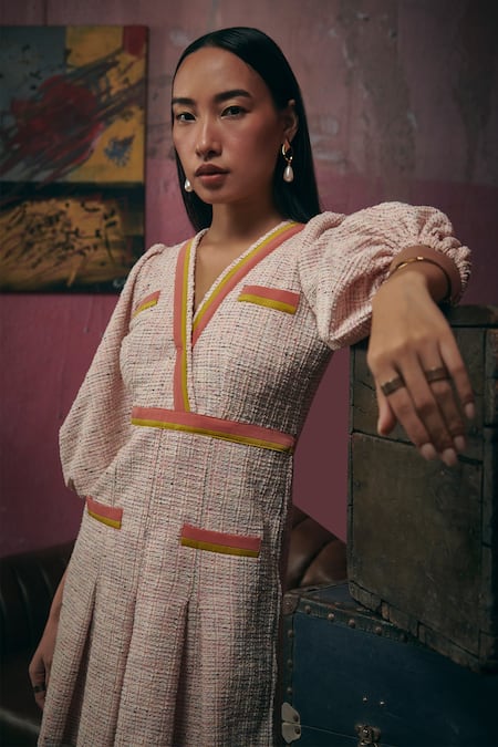 Sunandini Pink Tweed V-neck Pastel Woven Dress at Aza Fashions Sunandini_Pink Tweed V-neck Pastel Woven Dress _at_Aza_Fashions