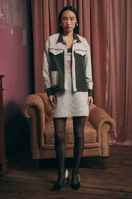 Shop Sunandini Gray Tweed Round Neck Grey Color Block Shacket And Mini Skirt at Aza Fashions Shop_Sunandini_Gray Tweed Round Neck Grey Color Block Shacket And Mini Skirt _at_Aza_Fashions
