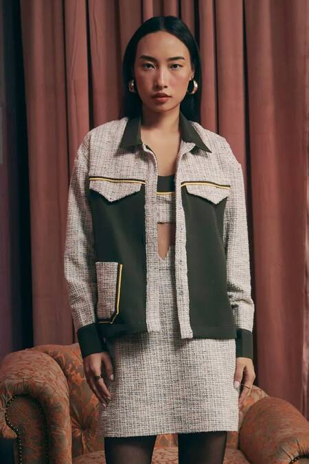 Sunandini Gray Tweed Round Neck Grey Color Block Shacket And Mini Skirt Online at Aza Fashions Sunandini_Gray Tweed Round Neck Grey Color Block Shacket And Mini Skirt _Online_at_Aza_Fashions