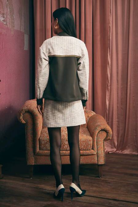 Shop_Sunandini_Gray Tweed Color Block Shirt Collar Grey Shacket _at_Aza_Fashions