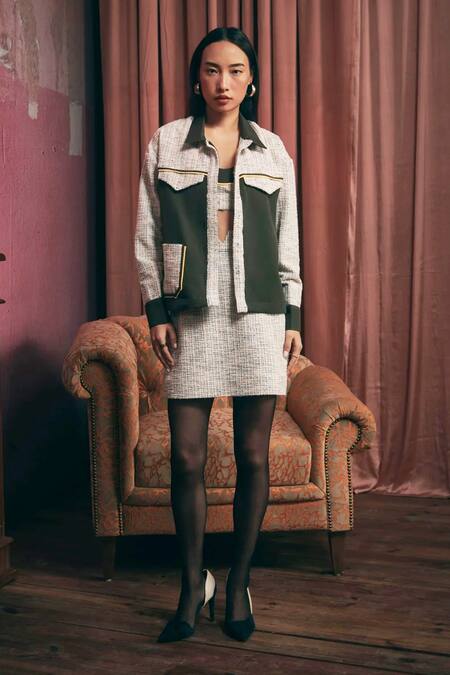 Sunandini_Gray Tweed Color Block Shirt Collar Grey Shacket _Online_at_Aza_Fashions