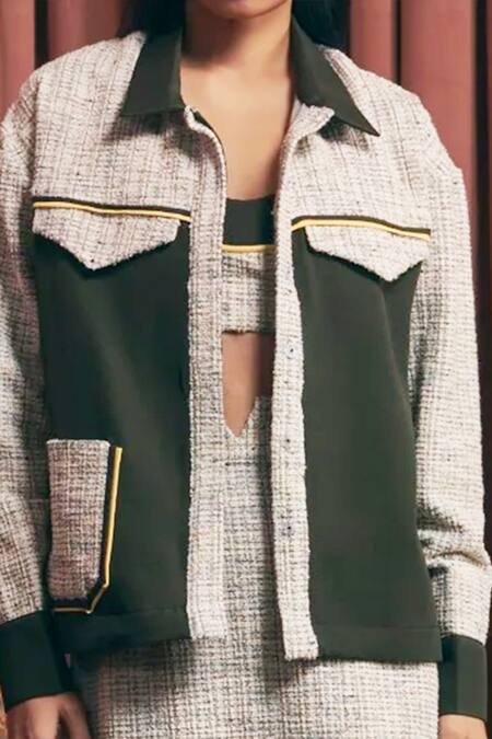 Buy_Sunandini_Gray Tweed Color Block Shirt Collar Grey Shacket _Online_at_Aza_Fashions
