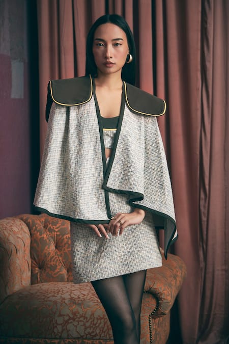 Shop Sunandini Olive Green Tweed Sweetheart Neck, Grey Color Block Jacket And Mini Skirt Set Online at Aza Fashions Shop_Sunandini_Olive Green Tweed Sweetheart Neck, Grey Color Block Jacket And Mini Skirt Set _Online_at_Aza_Fashions