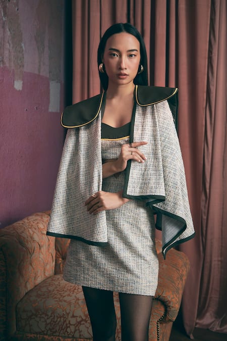 Sunandini Olive Green Tweed Sweetheart Neck, Grey Color Block Jacket And Mini Skirt Set at Aza Fashions Sunandini_Olive Green Tweed Sweetheart Neck, Grey Color Block Jacket And Mini Skirt Set _at_Aza_Fashions