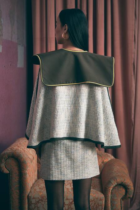 Buy Sunandini Olive Green Tweed Sweetheart Neck, Grey Color Block Jacket And Mini Skirt Set Buy_Sunandini_Olive Green Tweed Sweetheart Neck, Grey Color Block Jacket And Mini Skirt Set