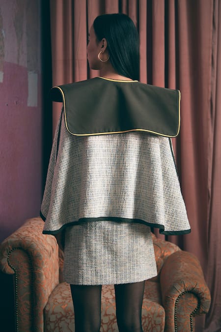 Shop_Sunandini_Gray Tweed Open Neck Grey Color Block Cape Jacket _at_Aza_Fashions