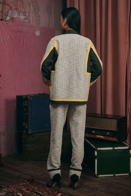 Shop Sunandini Olive Green Tweed Sweetheart Neck, Collared Grey Color Block Jacket Trouser Set at Aza Fashions Shop_Sunandini_Olive Green Tweed Sweetheart Neck, Collared Grey Color Block Jacket Trouser Set _at_Aza_Fashions