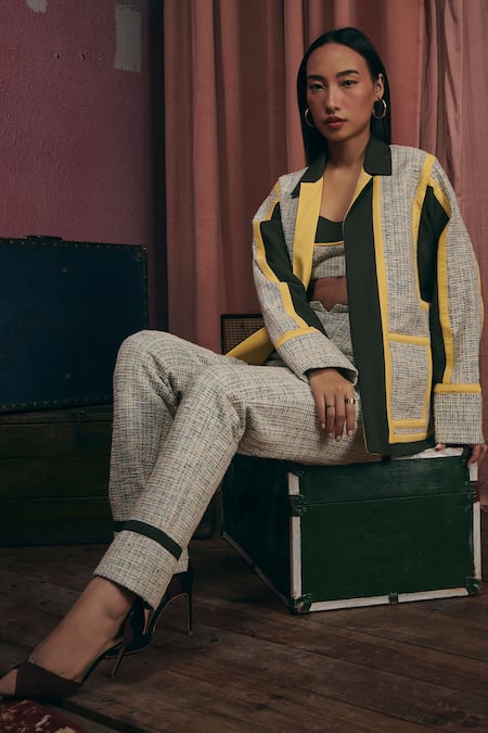 Shop Sunandini Olive Green Tweed Sweetheart Neck, Collared Grey Color Block Jacket Trouser Set Online at Aza Fashions Shop_Sunandini_Olive Green Tweed Sweetheart Neck, Collared Grey Color Block Jacket Trouser Set _Online_at_Aza_Fashions