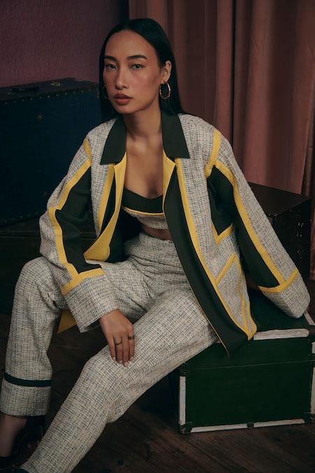 Sunandini Olive Green Tweed Sweetheart Neck, Collared Grey Color Block Jacket Trouser Set at Aza Fashions Sunandini_Olive Green Tweed Sweetheart Neck, Collared Grey Color Block Jacket Trouser Set _at_Aza_Fashions