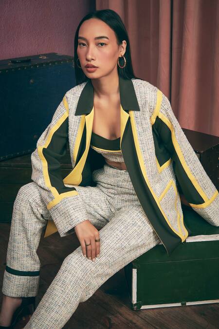 Shop Sunandini Gray Tweed Sweetheart Neck Grey Color Block Bralette And Trouser Set Online at Aza Fashions Shop_Sunandini_Gray Tweed Sweetheart Neck Grey Color Block Bralette And Trouser Set _Online_at_Aza_Fashions