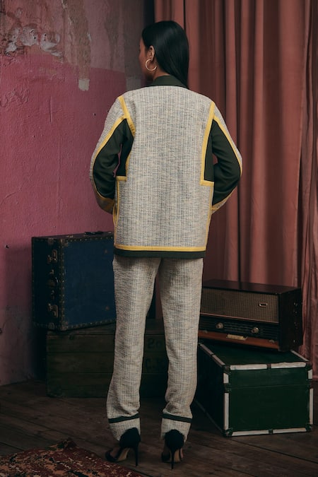 Shop Sunandini Gray Tweed Collared Grey Color Block Jacket at Aza Fashions Shop_Sunandini_Gray Tweed Collared Grey Color Block Jacket _at_Aza_Fashions