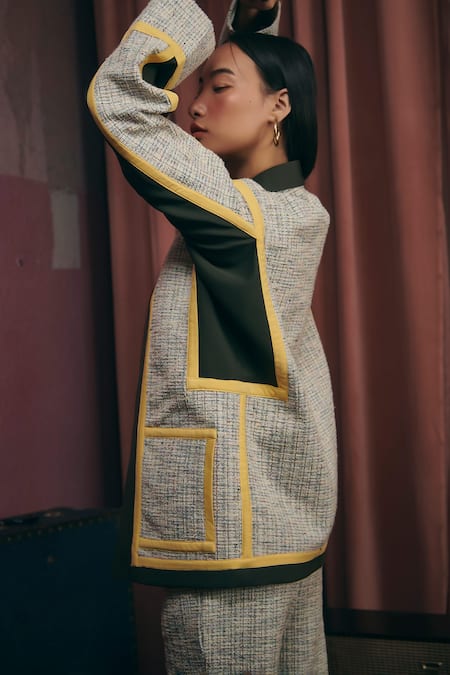 Buy Sunandini Gray Tweed Collared Grey Color Block Jacket Online at Aza Fashions Buy_Sunandini_Gray Tweed Collared Grey Color Block Jacket _Online_at_Aza_Fashions