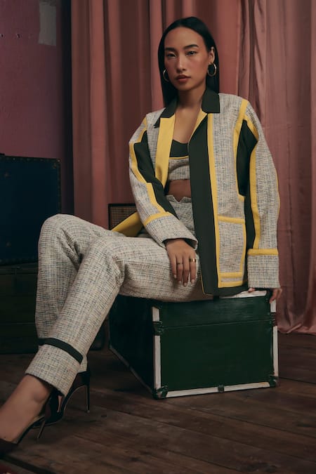 Shop Sunandini Gray Tweed Collared Grey Color Block Jacket Online at Aza Fashions Shop_Sunandini_Gray Tweed Collared Grey Color Block Jacket _Online_at_Aza_Fashions