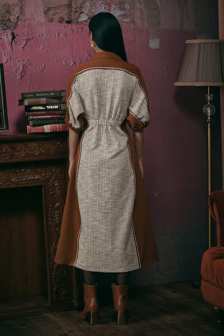 Shop Sunandini Orange Tweed Collared Apricot Color Block Midi Dress at Aza Fashions Shop_Sunandini_Orange Tweed Collared Apricot Color Block Midi Dress _at_Aza_Fashions