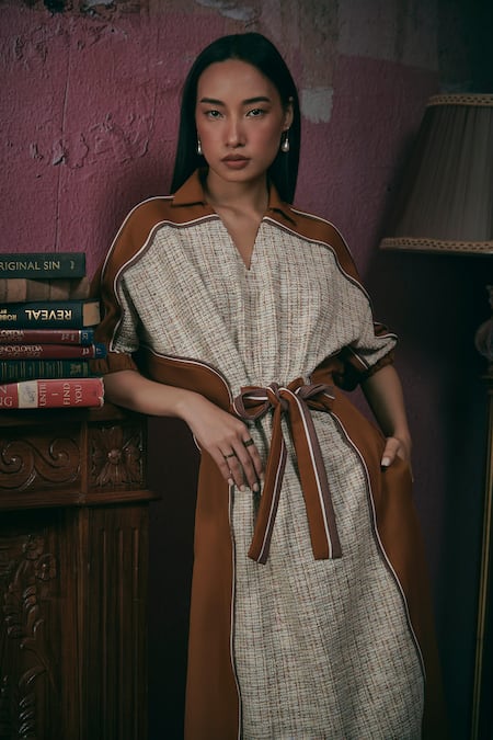 Buy Sunandini Orange Tweed Collared Apricot Color Block Midi Dress Online at Aza Fashions Buy_Sunandini_Orange Tweed Collared Apricot Color Block Midi Dress _Online_at_Aza_Fashions