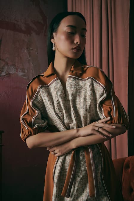 Shop Sunandini Orange Tweed Collared Apricot Color Block Midi Dress Online at Aza Fashions Shop_Sunandini_Orange Tweed Collared Apricot Color Block Midi Dress _Online_at_Aza_Fashions