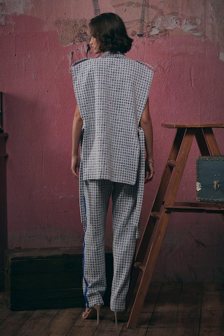 Shop Sunandini Blue Tweed Square , Open Woven Vest Jacket Trouser Set at Aza Fashions Shop_Sunandini_Blue Tweed Square , Open Woven Vest Jacket Trouser Set _at_Aza_Fashions