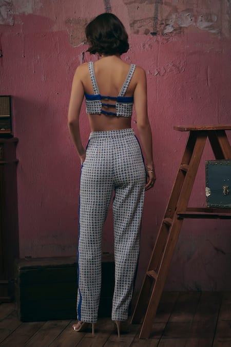 Shop_Sunandini_Blue Tweed Square Neck Woven Bralette And Trouser Set _at_Aza_Fashions