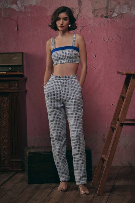 Sunandini_Blue Tweed Square Neck Woven Bralette And Trouser Set _Online_at_Aza_Fashions