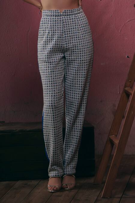 Sunandini_Blue Tweed Square Neck Woven Bralette And Trouser Set _at_Aza_Fashions