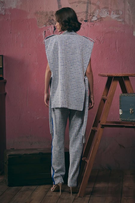 Shop Sunandini Blue Tweed Collared Woven Vest Jacket at Aza Fashions Shop_Sunandini_Blue Tweed Collared Woven Vest Jacket _at_Aza_Fashions