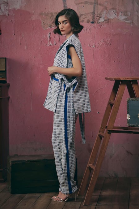 Shop Sunandini Blue Tweed Collared Woven Vest Jacket Online at Aza Fashions Shop_Sunandini_Blue Tweed Collared Woven Vest Jacket _Online_at_Aza_Fashions