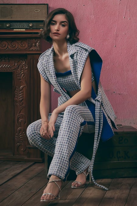 Sunandini Blue Tweed Collared Woven Vest Jacket at Aza Fashions Sunandini_Blue Tweed Collared Woven Vest Jacket _at_Aza_Fashions