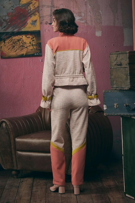 Sunandini Pastel Pink Tweed Bomber Jacket & Trouser Set 