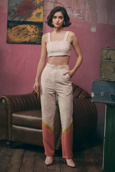 Sunandini_Pink Tweed Round , Square Pastel Bomber Jacket And Trouser Set _at_Aza_Fashions