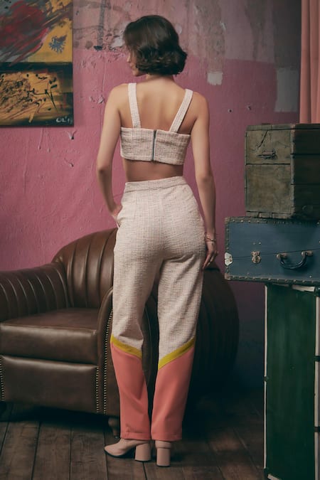 Shop Sunandini Pink Tweed Square Neck Pastel Color Block Crop Top And Trouser Set at Aza Fashions Shop_Sunandini_Pink Tweed Square Neck Pastel Color Block Crop Top And Trouser Set _at_Aza_Fashions