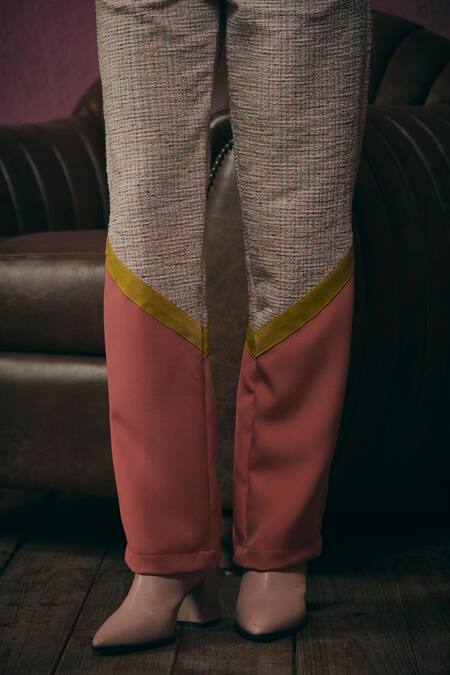 Buy Sunandini Pink Tweed Square Neck Pastel Color Block Crop Top And Trouser Set Online at Aza Fashions Buy_Sunandini_Pink Tweed Square Neck Pastel Color Block Crop Top And Trouser Set _Online_at_Aza_Fashions