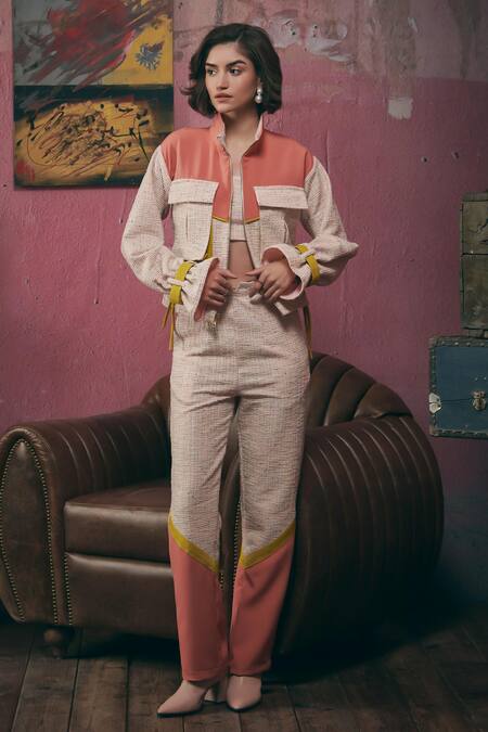 Sunandini Pink Tweed High Neck Pastel Color Block Bomber Jacket Online at Aza Fashions Sunandini_Pink Tweed High Neck Pastel Color Block Bomber Jacket _Online_at_Aza_Fashions