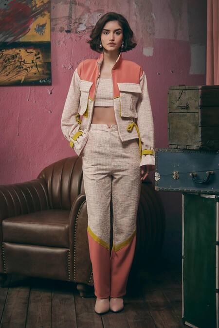 Shop Sunandini Pink Tweed High Neck Pastel Color Block Bomber Jacket Online at Aza Fashions Shop_Sunandini_Pink Tweed High Neck Pastel Color Block Bomber Jacket _Online_at_Aza_Fashions