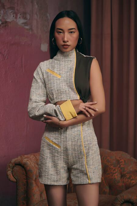 Buy_Sunandini_Gray Tweed High Neck Grey Color Block Playsuit _Online_at_Aza_Fashions