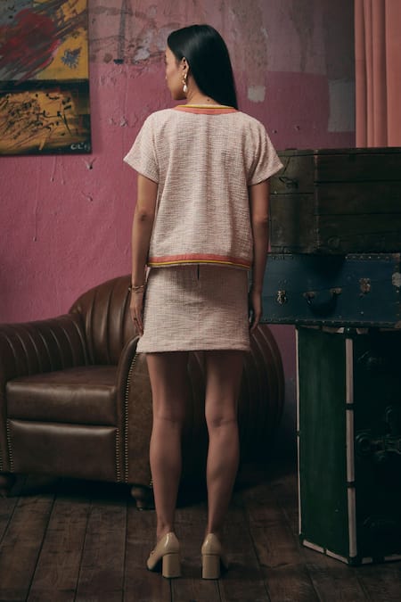 Shop_Sunandini_Blush Tweed Sweetheart , Open Pastel Pink Woven Jacket And Skirt Set _at_Aza_Fashions