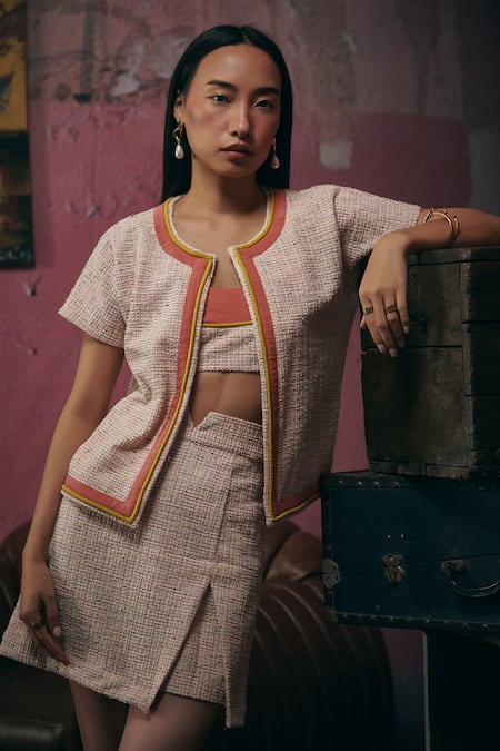 Sunandini_Blush Tweed Sweetheart , Open Pastel Pink Woven Jacket And Skirt Set _Online_at_Aza_Fashions