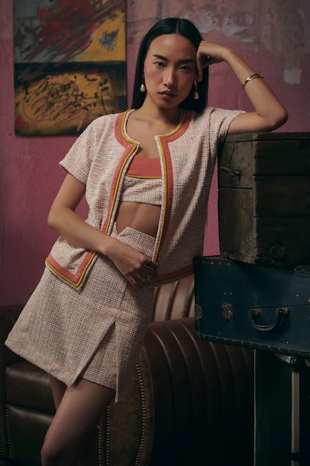 Buy_Sunandini_Blush Tweed Sweetheart , Open Pastel Pink Woven Jacket And Skirt Set _Online_at_Aza_Fashions