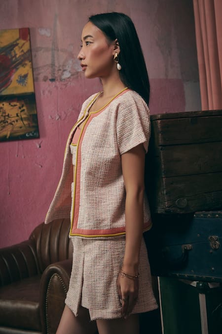 Shop_Sunandini_Blush Tweed Sweetheart , Open Pastel Pink Woven Jacket And Skirt Set _Online_at_Aza_Fashions